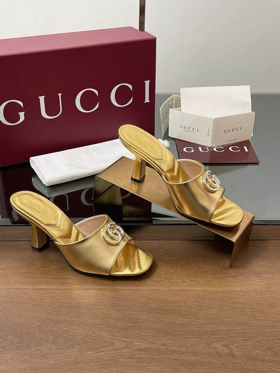 Gucci Rhinestone Buckle Open Toe Chunky Heel Slides