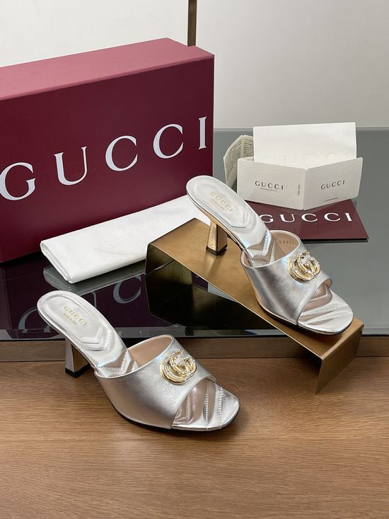 Gucci Rhinestone Buckle Open Toe Chunky Heel Slides