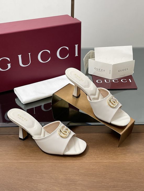 Gucci Rhinestone Buckle Open Toe Chunky Heel Slides