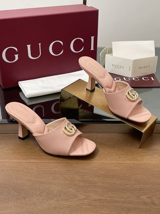 Gucci Rhinestone Buckle Open Toe Chunky Heel Slides