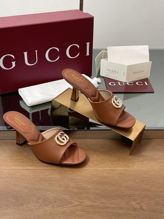 Gucci Rhinestone Buckle Open Toe Chunky Heel Slides