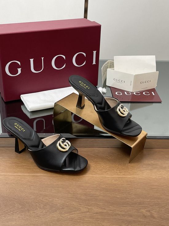 Gucci Rhinestone Buckle Open Toe Chunky Heel Slides