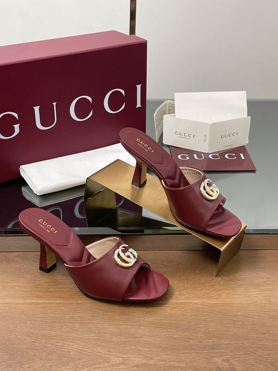 Gucci Rhinestone Buckle Open Toe Chunky Heel Slides