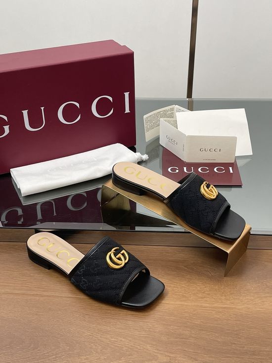 Gucci Embroidered Pattern Open Toe Comfort Flat Slides