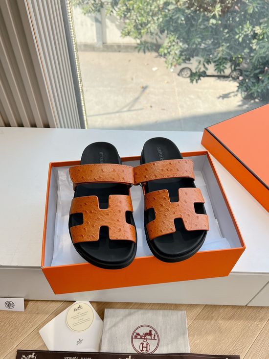 Hermes Genuine Leather Casual Open Toe Slide Sandals