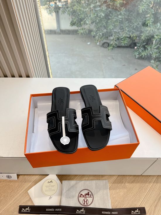 Hermes Genuine Cowhide Flat Slide Sandals with Metal Buckle