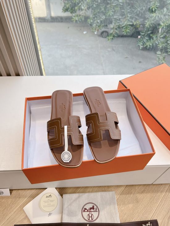 Hermes Genuine Cowhide Flat Slide Sandals with Metal Buckle