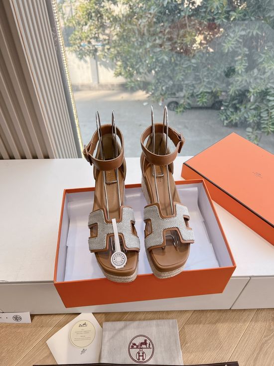 Hermes Wedge Espadrille Slide Sandals with Metal Lock Buckle