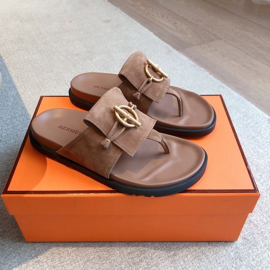Hermes Colorblock Leather Slippers With Metal Buckle Sole