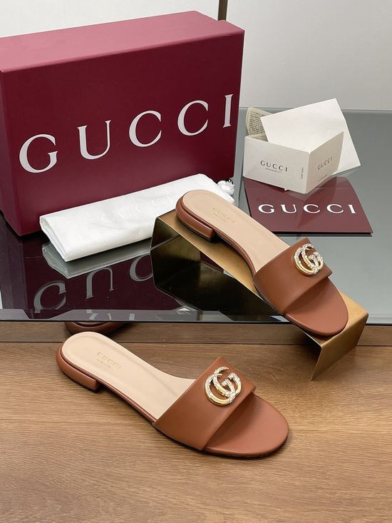 Gucci Sheepskin Rhinestone Buckle Peep Toe Slides Leather Sole