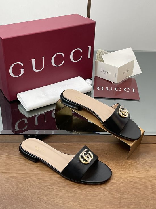 Gucci Sheepskin Rhinestone Buckle Peep Toe Slides Leather Sole