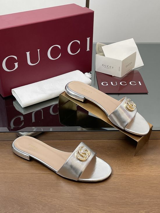 Gucci Rhinestone Buckle Flat Leather Slide Sandals