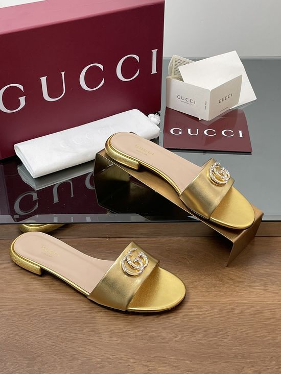 Gucci Rhinestone Buckle Flat Leather Slide Sandals