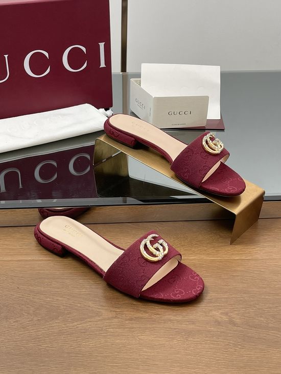 Gucci Monogram Canvas Rhinestone Buckle Peep Toe Slides Leather Sole