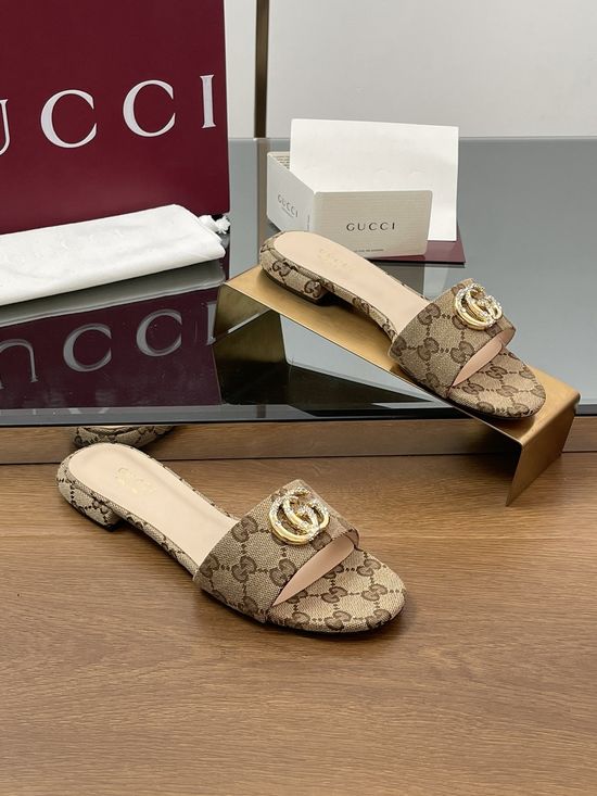 Gucci Monogram Canvas Rhinestone Buckle Peep Toe Slides Leather Sole