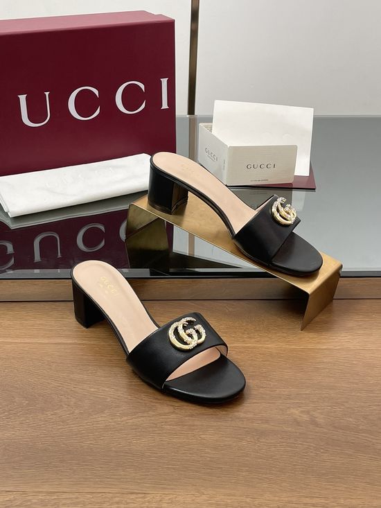 Gucci Rhinestone Buckle Low Chunky Heel Leather Slide Sandals