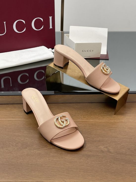 Gucci Rhinestone Buckle Sheepskin Mid Heel Slide Sandals