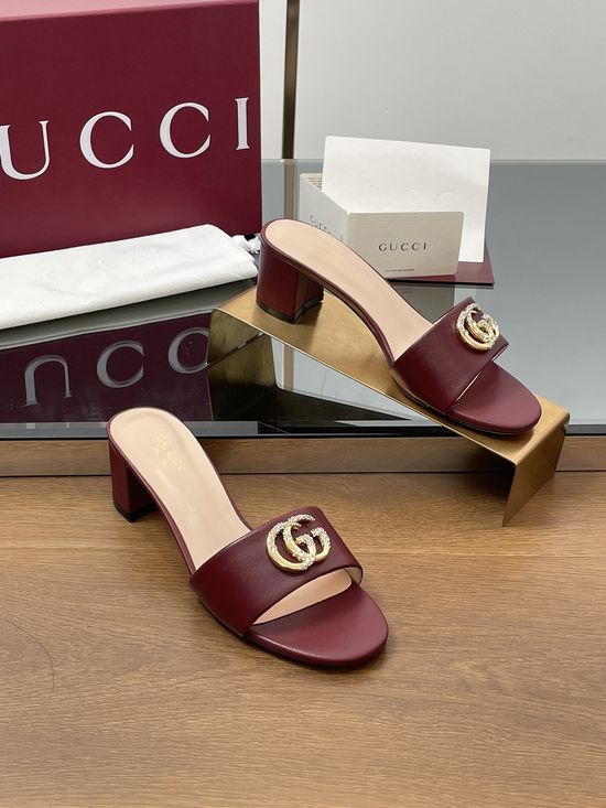 Gucci Rhinestone Buckle Sheepskin Mid Heel Slide Sandals