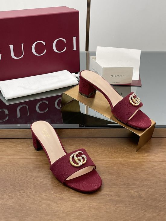 Gucci Rhinestone Buckle Monogram Canvas Mid Heel Slide Sandals
