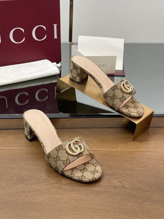 Gucci Rhinestone Buckle Monogram Canvas Mid Heel Slide Sandals