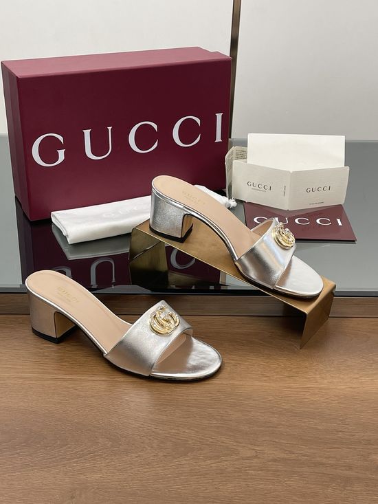 Gucci Rhinestone Buckle Mid Heel Leather Slide Sandals
