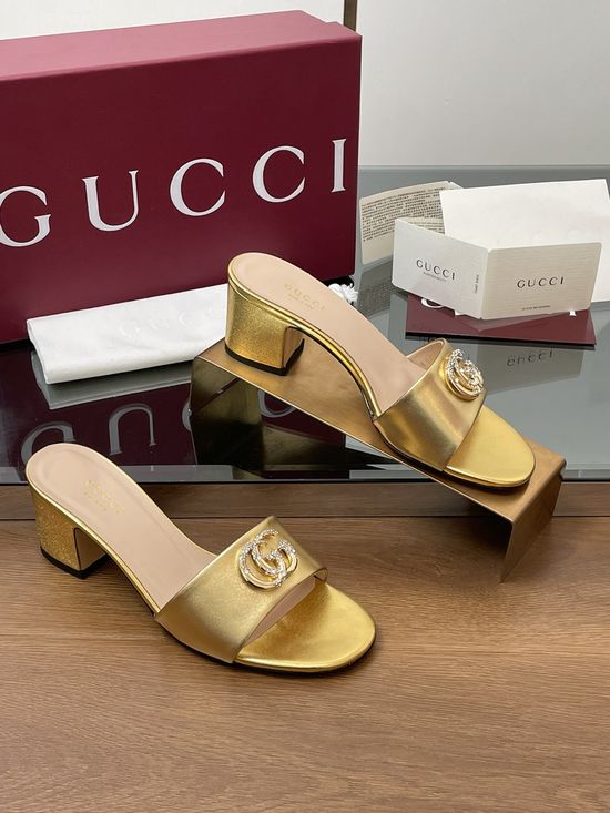 Gucci Rhinestone Buckle Mid Heel Leather Slide Sandals