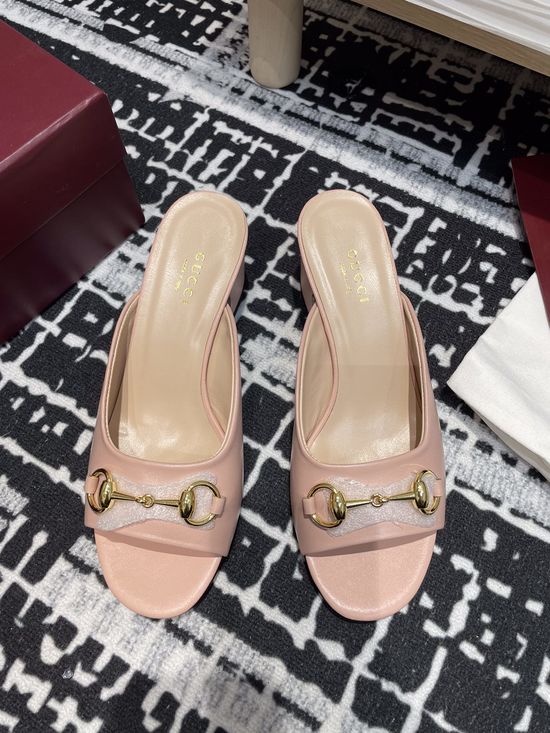 Gucci Metal Buckle Ankle Strap Chunky Heel Leather Sandals