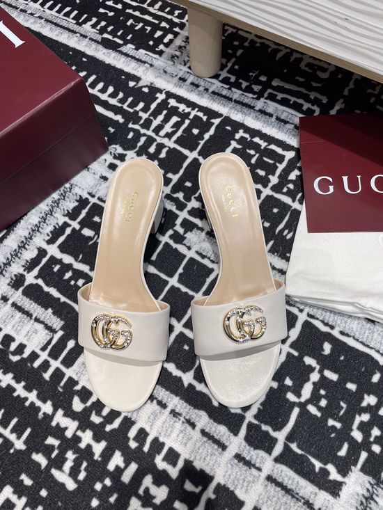 Gucci Rhinestone Buckle Mid-Heel Open Toe Leather Slide Sandals