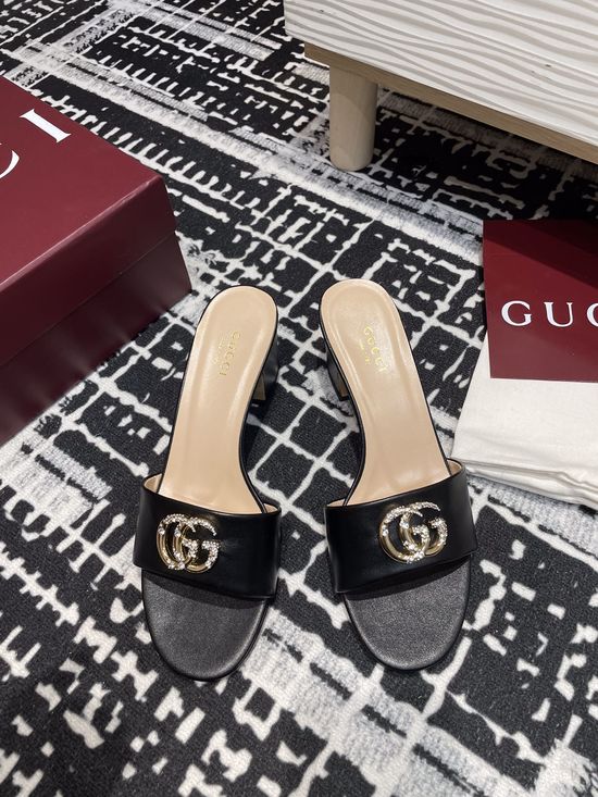 Gucci Rhinestone Buckle Mid-Heel Open Toe Leather Slide Sandals