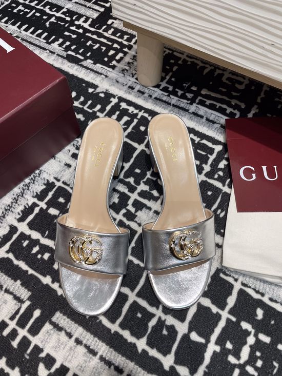 Gucci Rhinestone Buckle Mid-Heel Open Toe Leather Slide Sandals