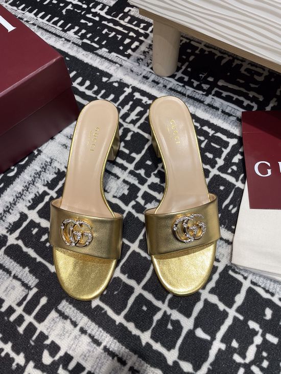 Gucci Rhinestone Buckle Mid-Heel Open Toe Leather Slide Sandals