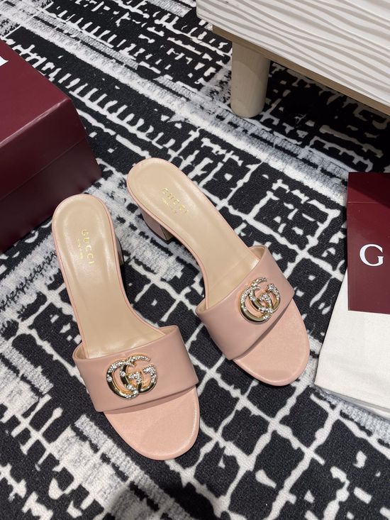 Gucci Rhinestone Buckle Mid-Heel Open Toe Leather Slide Sandals