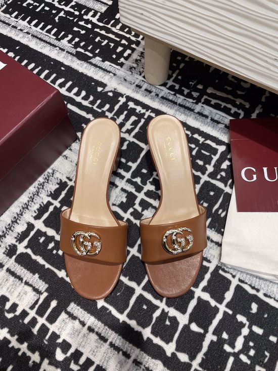 Gucci Rhinestone Buckle Mid-Heel Open Toe Leather Slide Sandals