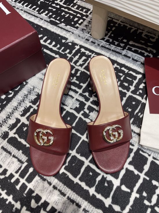 Gucci Rhinestone Buckle Mid-Heel Open Toe Leather Slide Sandals