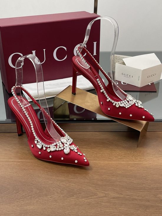 Gucci Satin Pointed Toe Rhinestone High Heel Slingback Sandals