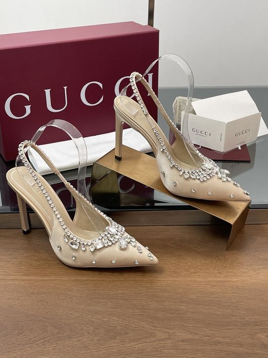 Gucci Satin Pointed Toe Rhinestone High Heel Slingback Sandals