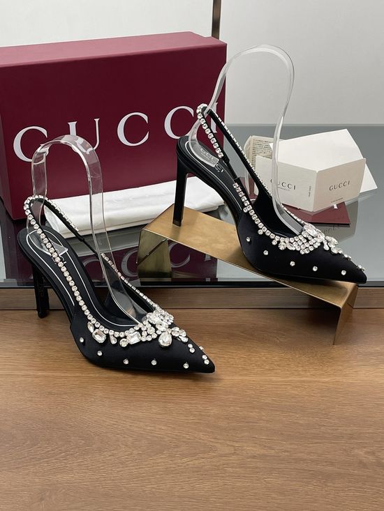 Gucci Satin Pointed Toe Rhinestone High Heel Slingback Sandals