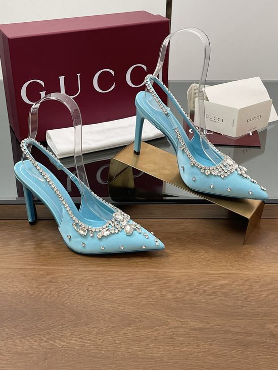 Gucci Satin Pointed Toe Rhinestone High Heel Slingback Sandals