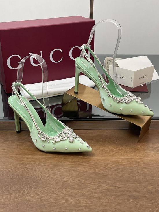 Gucci Satin Pointed Toe Rhinestone High Heel Slingback Sandals