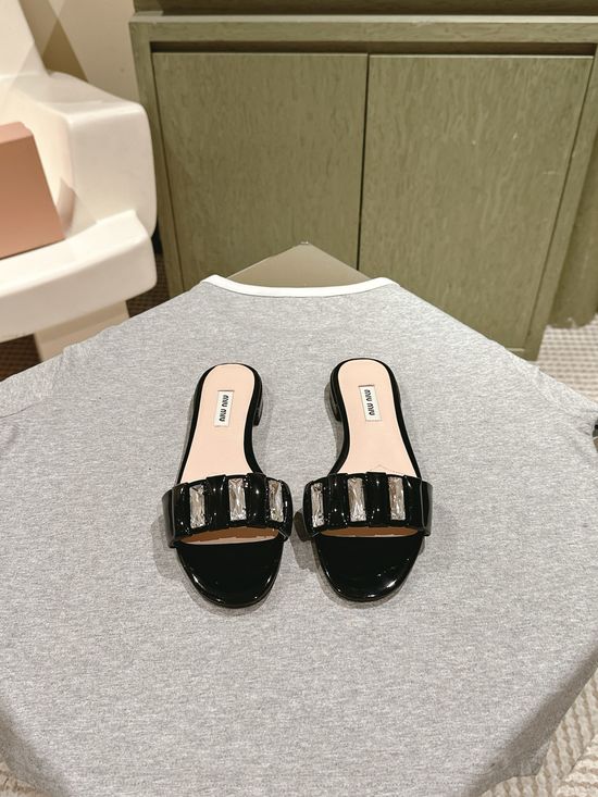 Miu Miu Rhinestone Embroidered Genuine Leather Slippers
