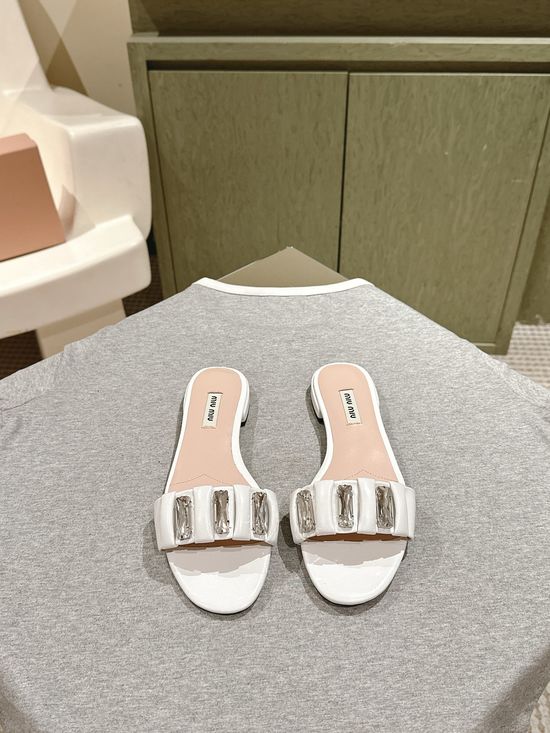 Miu Miu Rhinestone Embroidered Genuine Leather Slippers