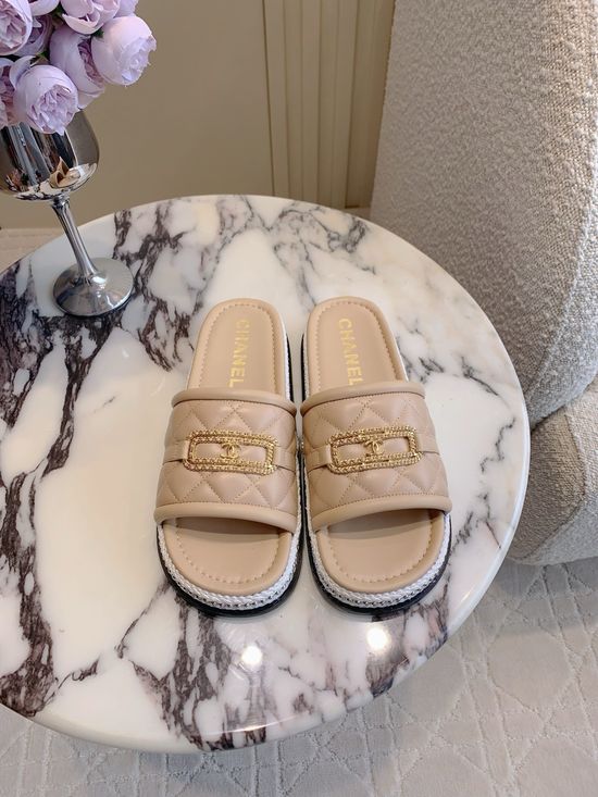 Chanel Quilted Pattern Leather Casual Slides