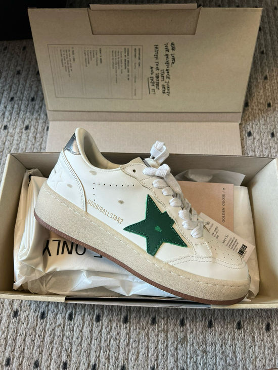 Golden Goose Silver Tail Green Star Distressed Platform Leather Sneakers