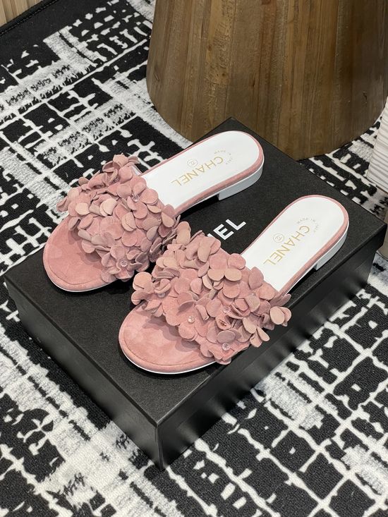 Chanel Rhinestone Floral Sheepskin Casual Comfort Slide Sandals