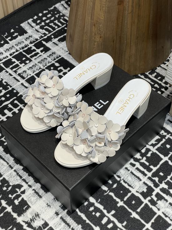 Chanel Rhinestone Floral Sheepskin Casual Comfort Slide Sandals