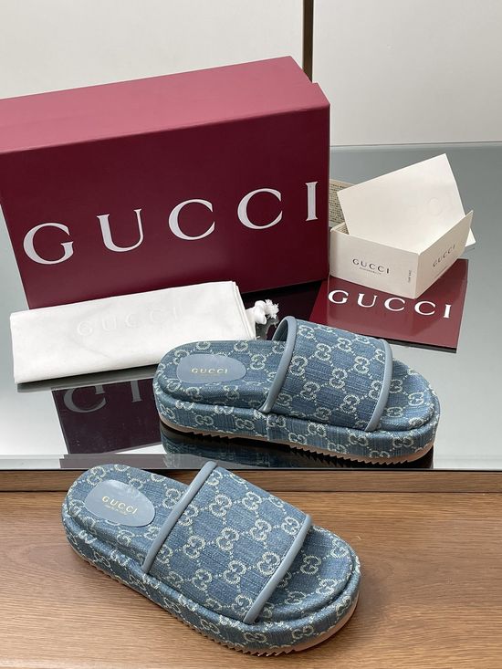 Gucci Washed Denim Wide Strap Platform Sandals Slides