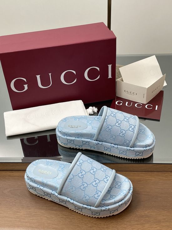 Gucci Embroidered Pattern Wide Strap Platform Slide Sandals