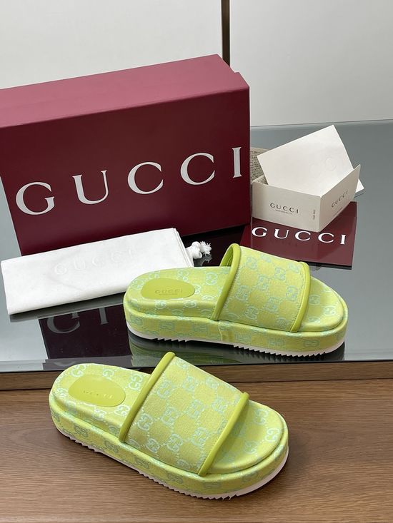 Gucci Embroidered Pattern Wide Strap Platform Slide Sandals