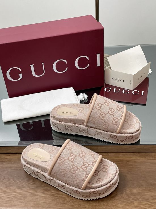 Gucci Embroidered Pattern Wide Strap Platform Slide Sandals