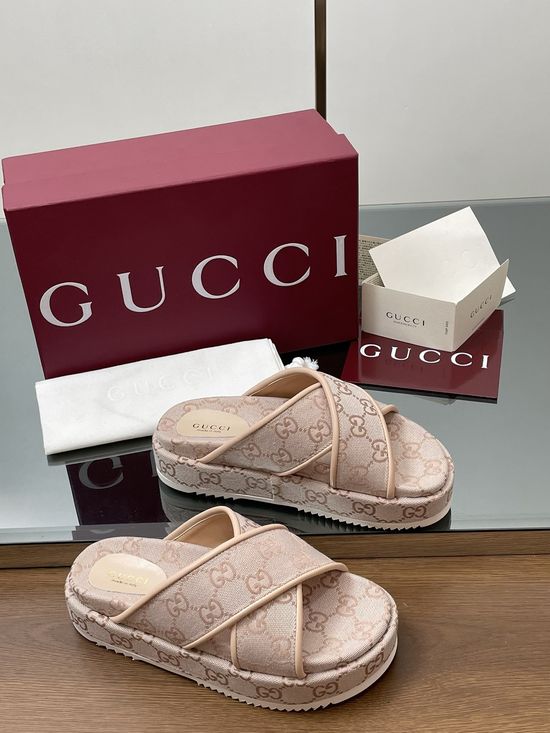 Gucci Embroidered Canvas Cross Strap Mid Heel Sandals Slides